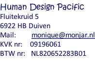 Human Design Pacific Fluitekruid 5 6922 HB Duiven Mail:        monique@monjar.nl KVK nr:    09196061 BTW nr:   NL820652283B01